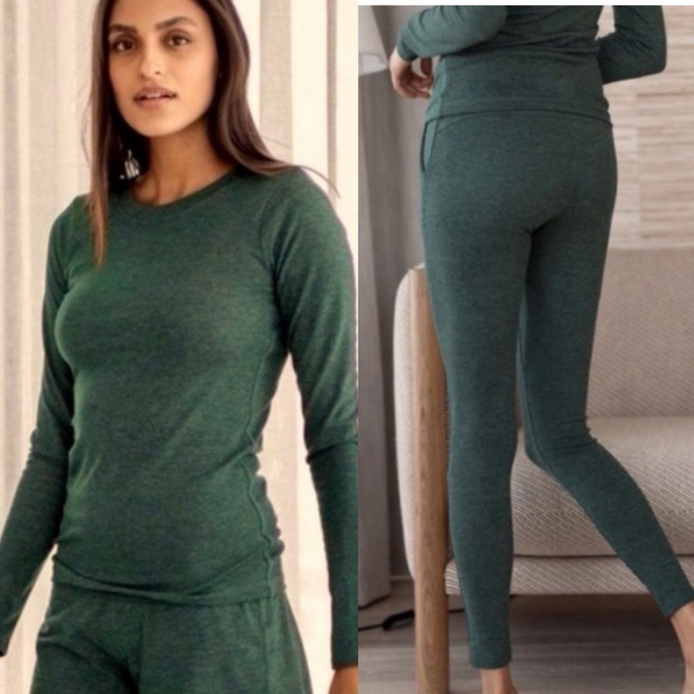 Lunya Restore 2 piece SET eHeather Space Green Cotton Long Sleeve Shirt Thermal